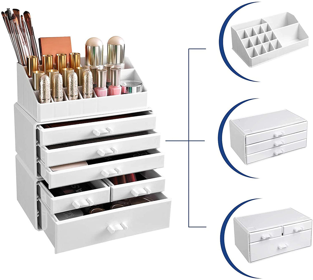 Organizator de machiaj din acril, organizator de machiaj cu 6 sertare 24 x 30 x 13,5 cm, alb
