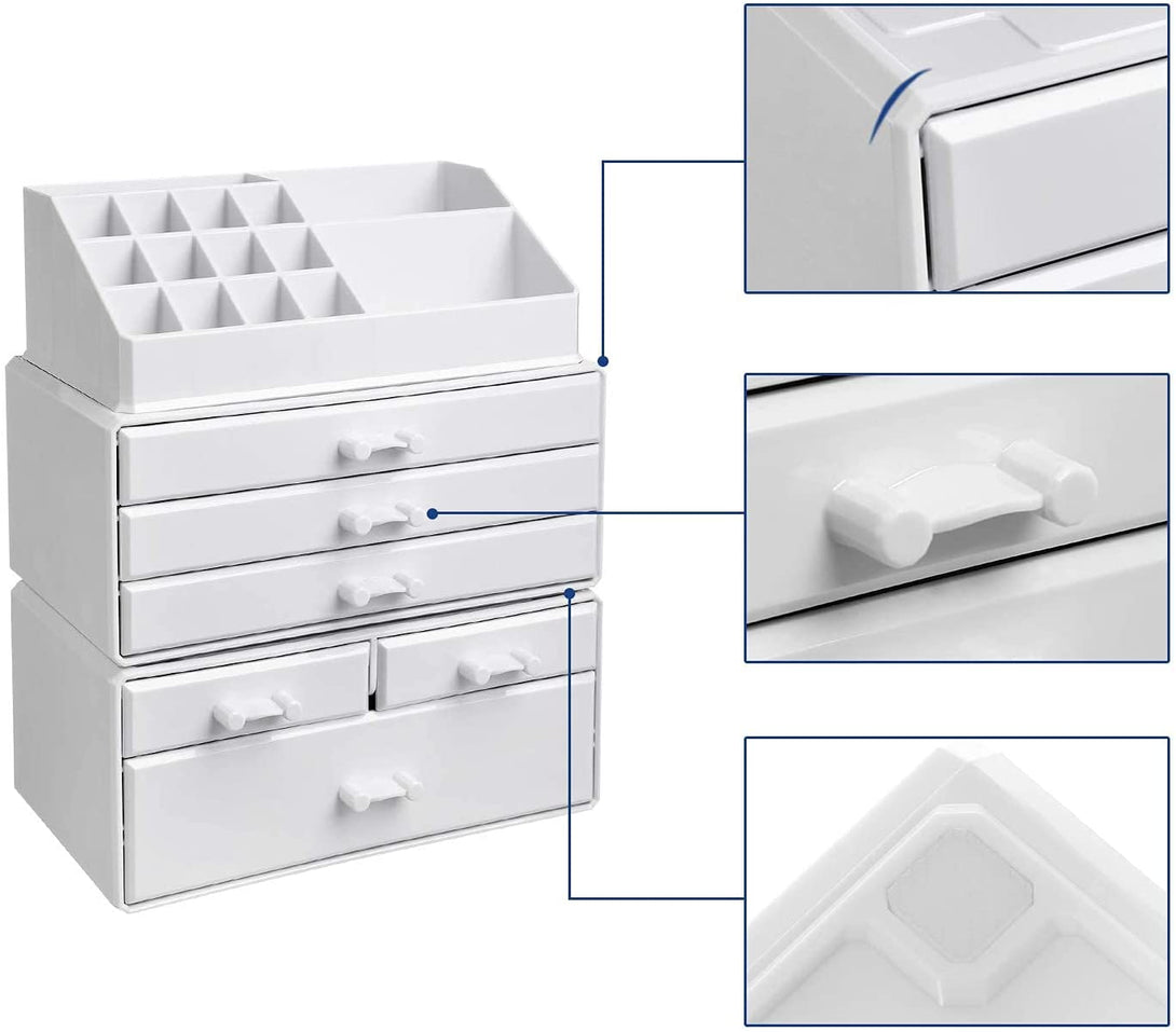 Organizator de machiaj din acril, organizator de machiaj cu 6 sertare 24 x 30 x 13,5 cm, alb