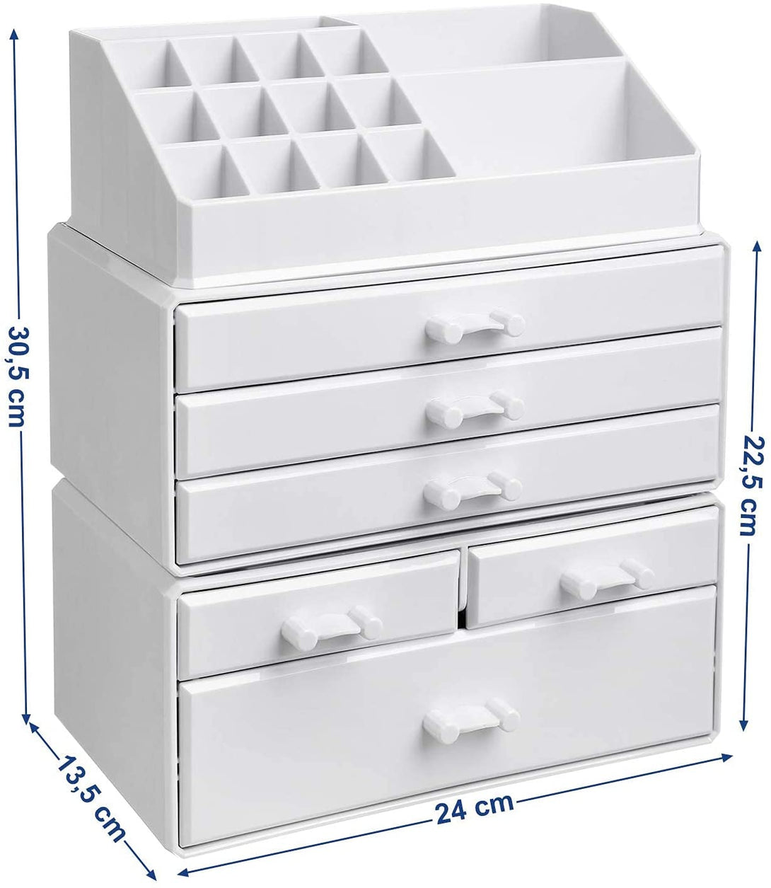 Organizator de machiaj din acril, organizator de machiaj cu 6 sertare 24 x 30 x 13,5 cm, alb