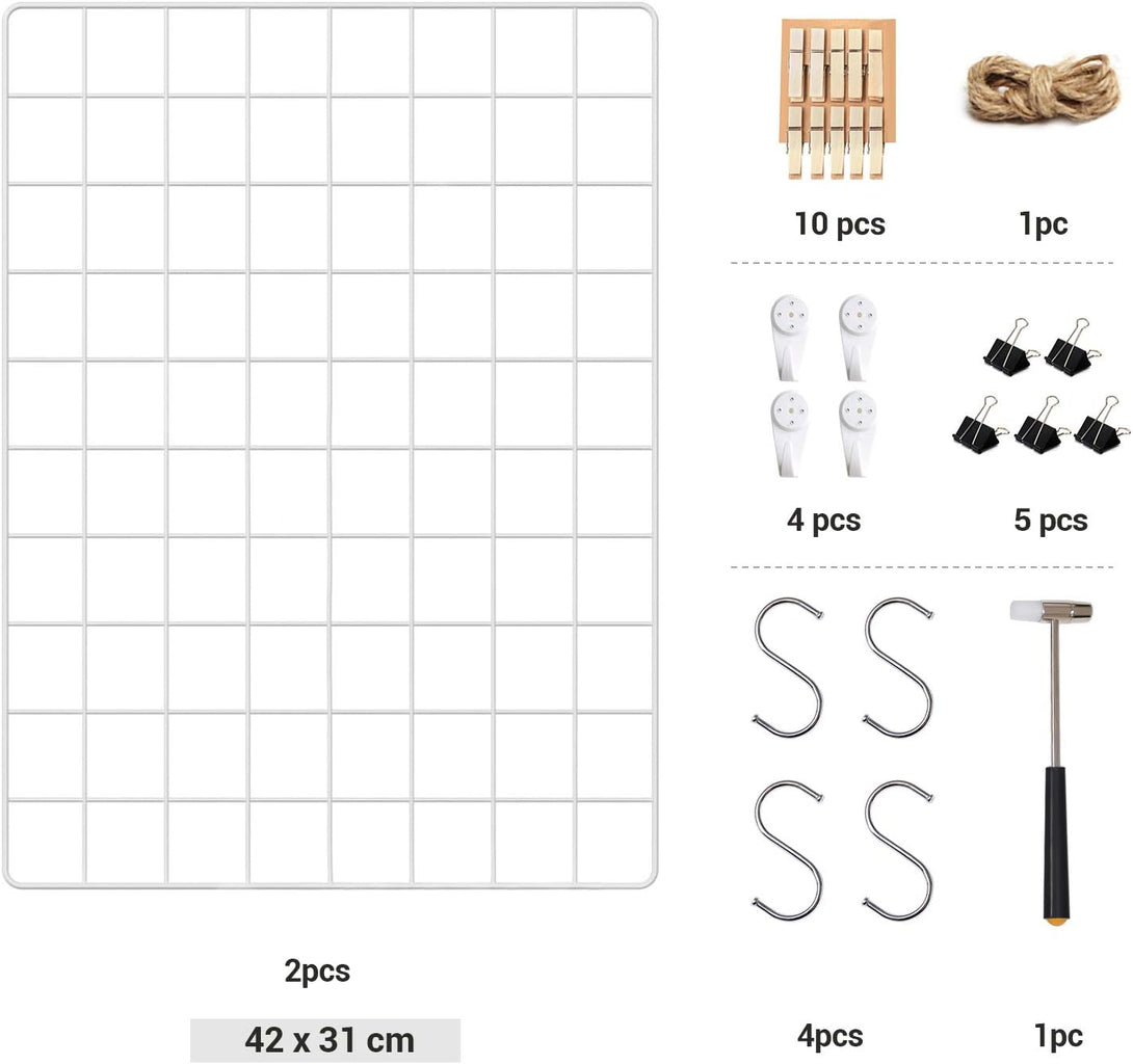 Panouri grilă, decor de perete plasă metalică, bricolaj, perete cu tablou suspendat, set de 2, alb