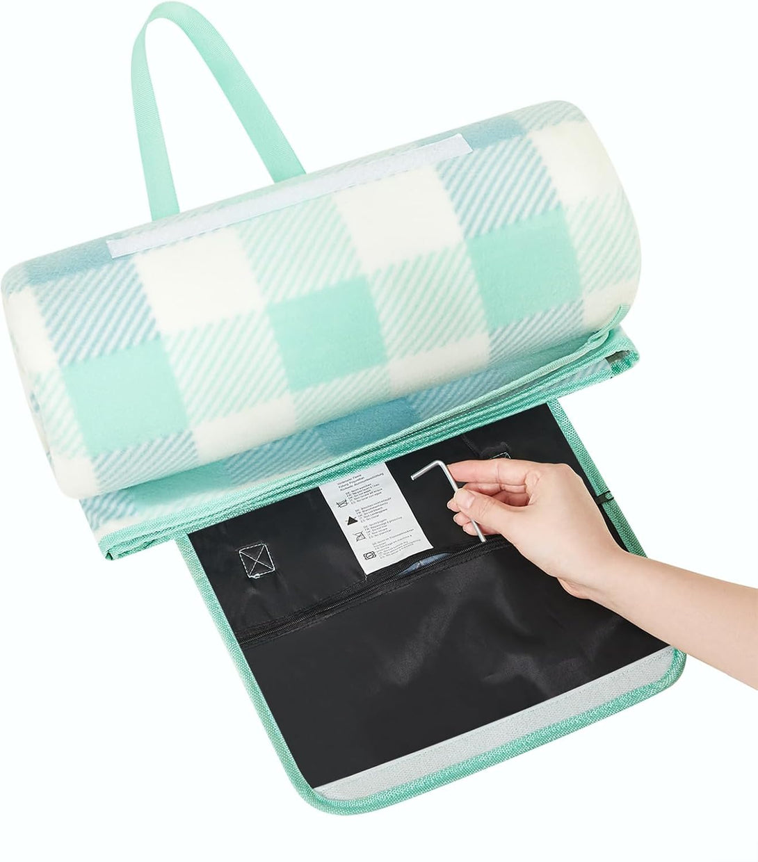 Patura de picnic 200x200cm , cu 4 ancore , impermeabil si portabil , verde-alb