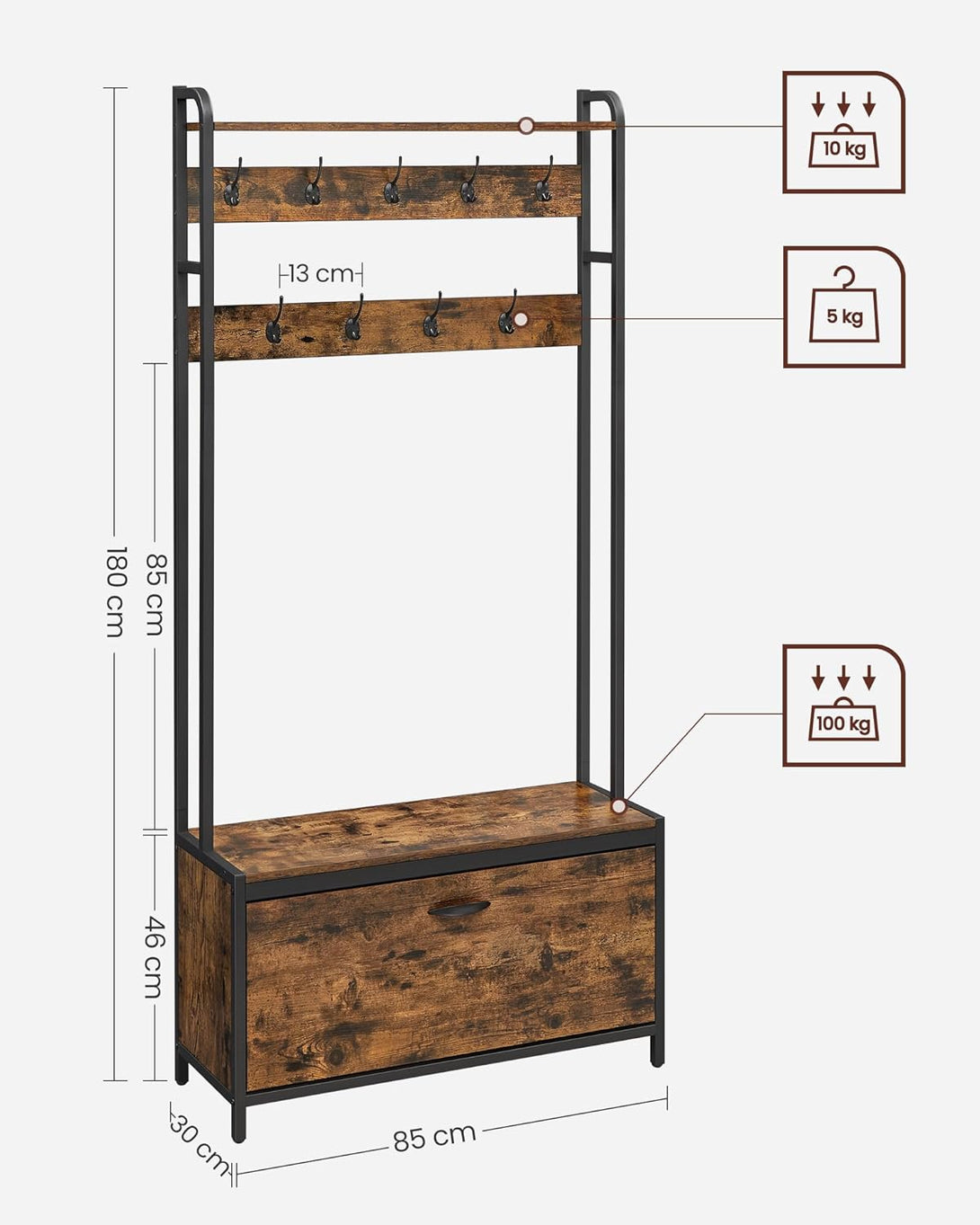 Raft cu depozitare pantofi, perete hol cu bănci, 85x30x180cm, maro rustic și negru