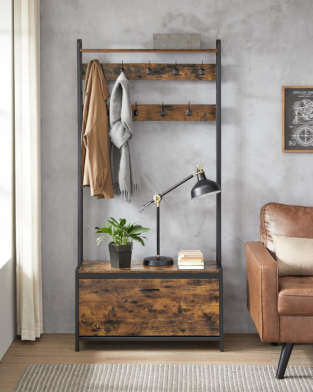 Raft cu depozitare pantofi, perete hol cu bănci, 85x30x180cm, maro rustic și negru