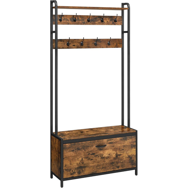 Raft cu depozitare pantofi, perete hol cu bănci, 85x30x180cm, maro rustic și negru