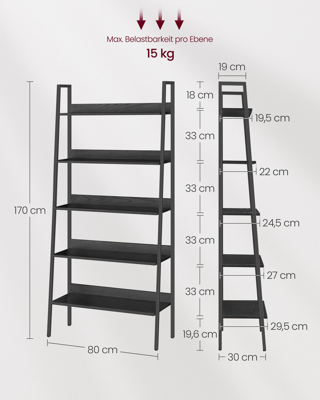 Raft cu scara, raft cu 5 nivele, cadru de otel, negru