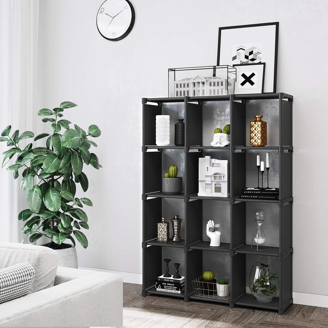 Raft modular cu 12 cuburi, biblioteca din material , negru
