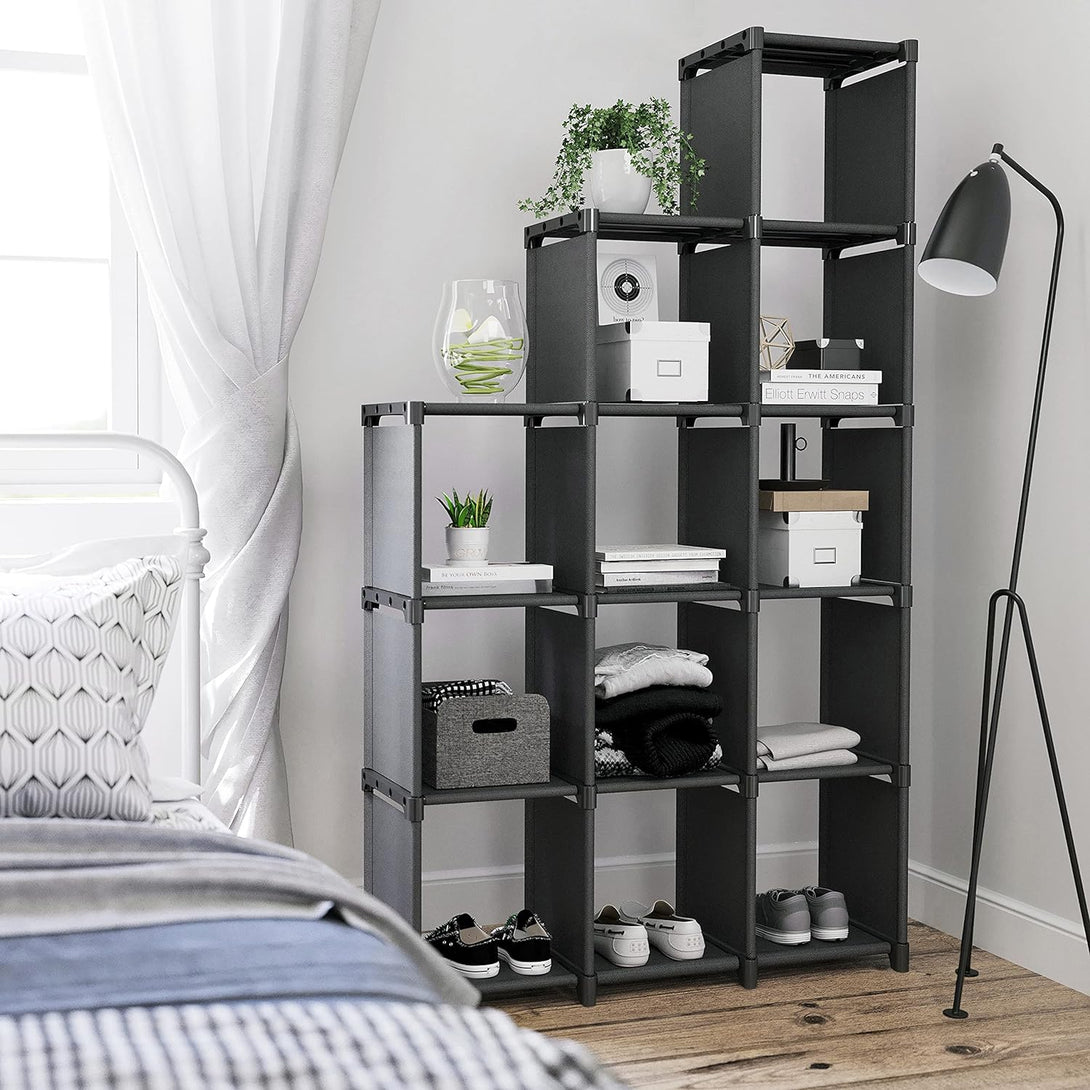 Raft modular cu 12 cuburi, biblioteca din material , negru