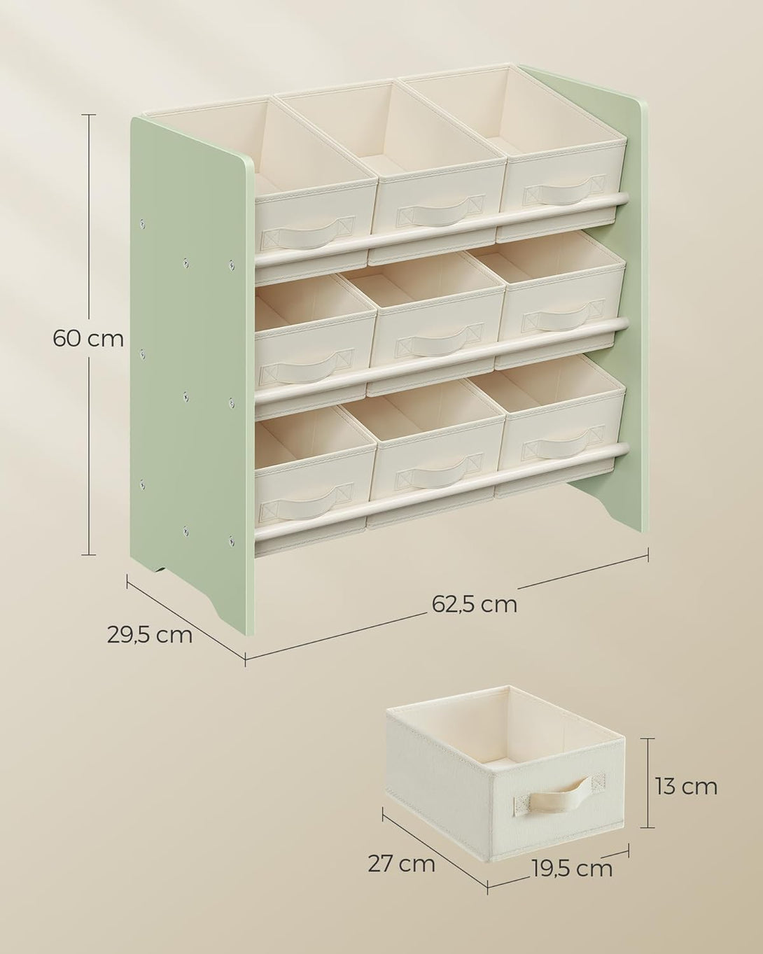 Raft pentru jucarii , 9 cutii de depozitare , verde deschis