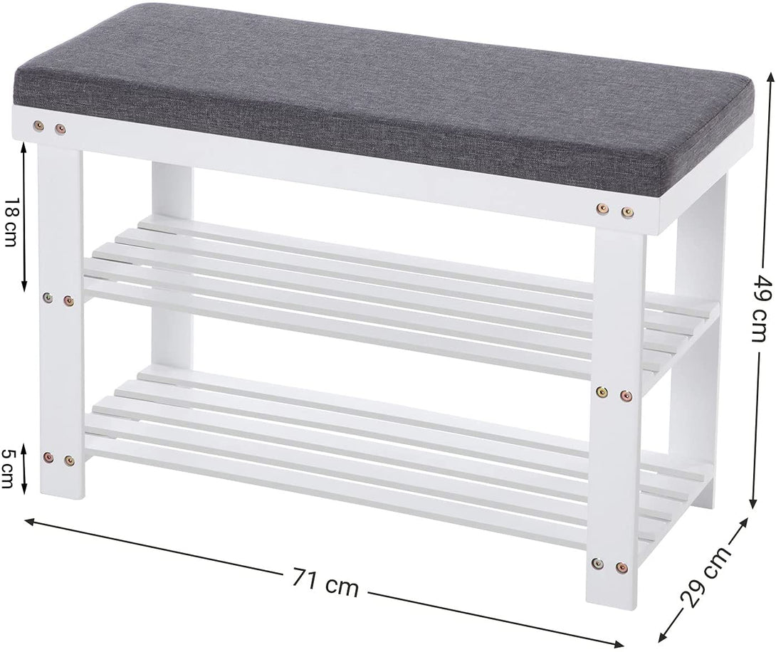 Raft pentru pantofi, Bancă pentru pantofi din bambus, 71 x 49 x 29 cm, alb și gri