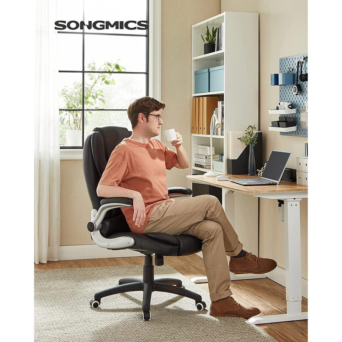 Scaun de birou cu spatar inalt, scaun director ergonomic cu cotiera plianta, negru