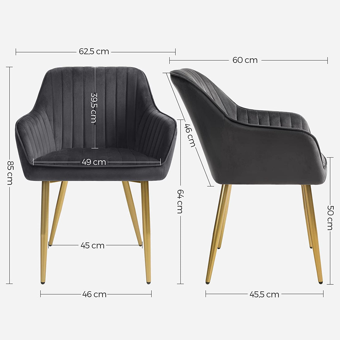 Scaun de bucătărie, scaun tapițat din catifea, cu cotiere, picioare metalice pentru bucătărie, gri, auriu