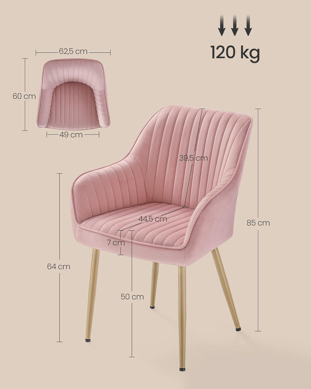 Scaun de bucatarie , tapitat din catifea, picioare metalice , roz -auriu