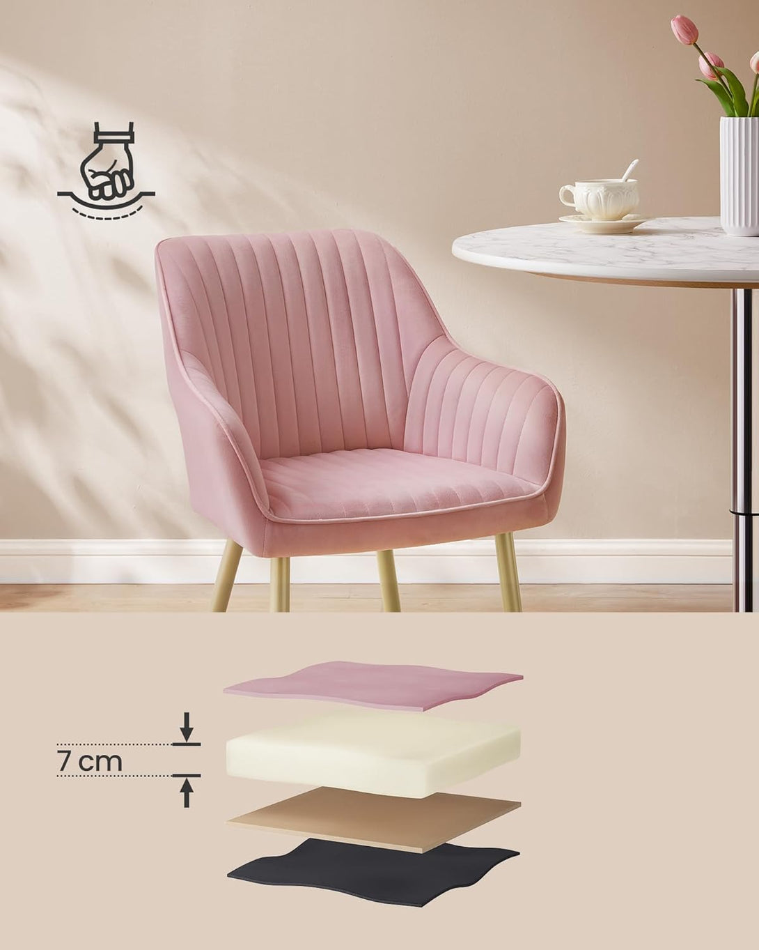 Scaun de bucatarie , tapitat din catifea, picioare metalice , roz -auriu