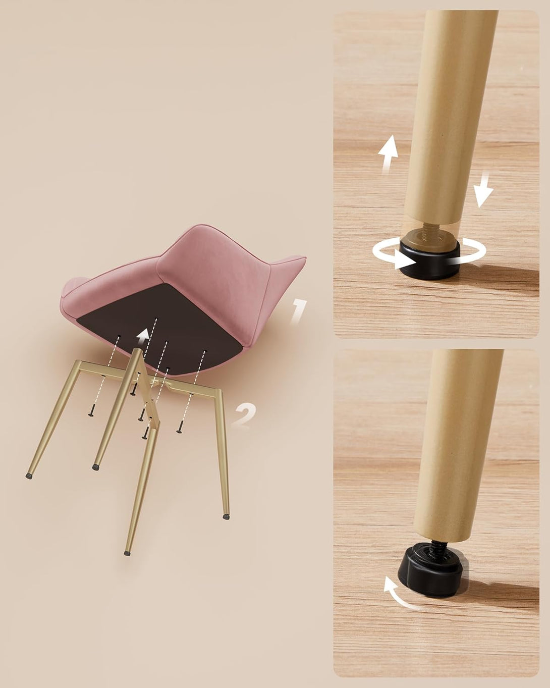 Scaun de bucatarie , tapitat din catifea, picioare metalice , roz -auriu