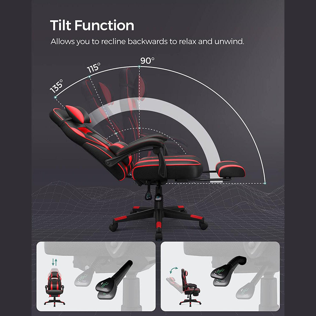 Scaun ergonomic, scaun de birou reglabil cu suport pentru picioare, negru-rosu