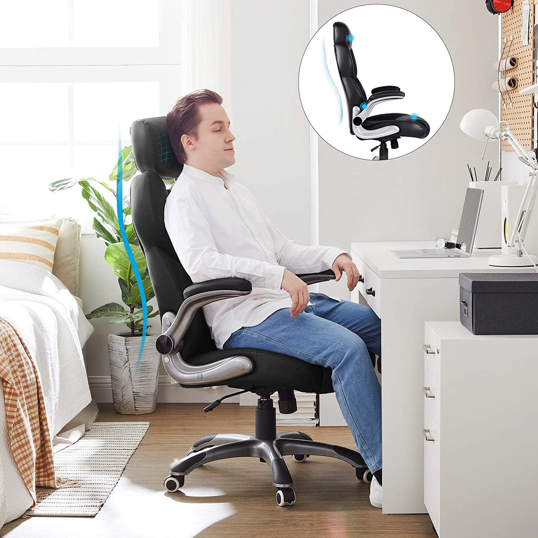 Scaun pivotant ergonomic, scaun de birou cu brate rabatabile, negru