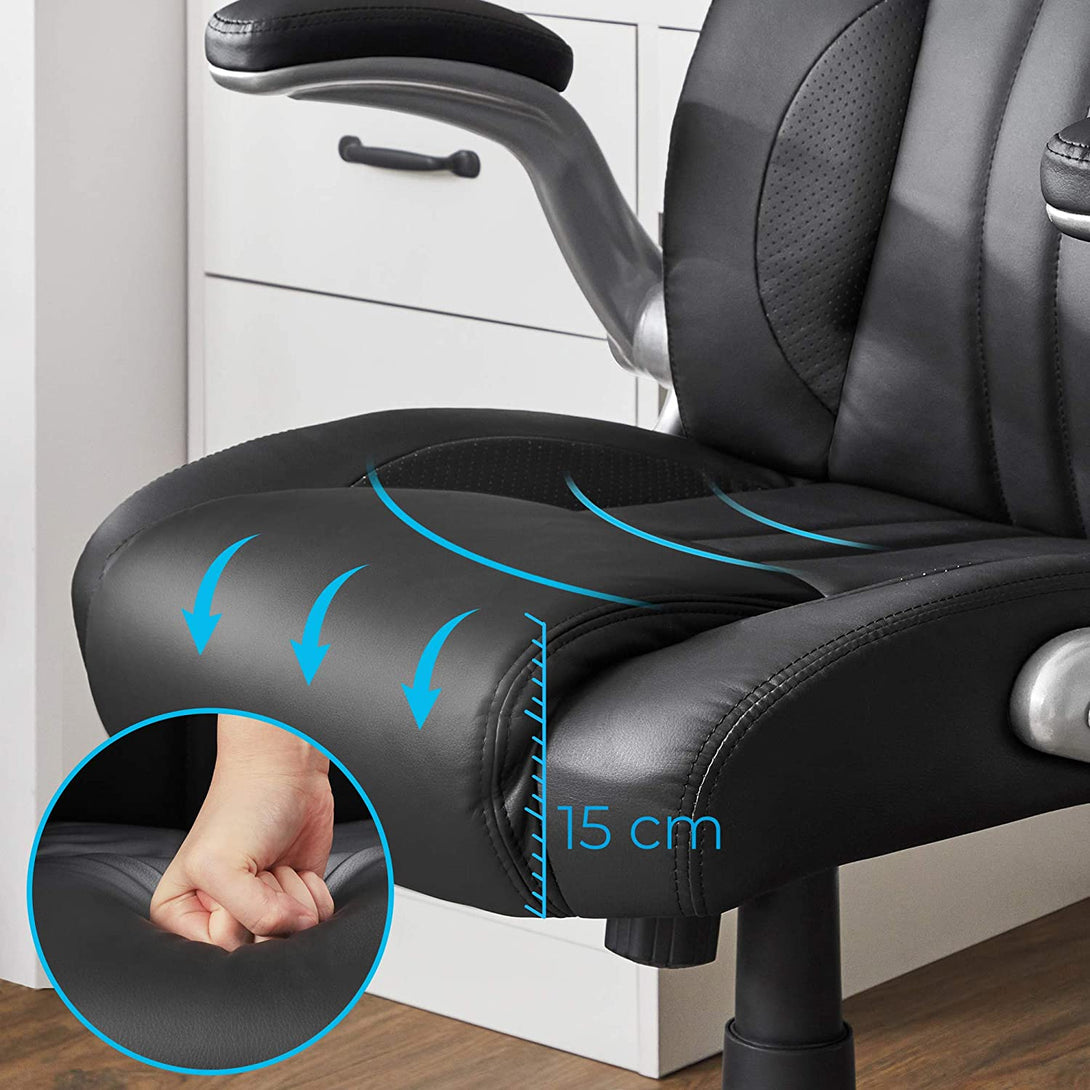 Scaun pivotant ergonomic, scaun de birou cu brate rabatabile, negru