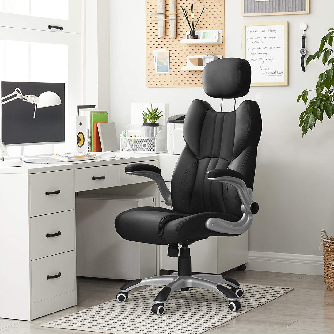 Scaun pivotant ergonomic, scaun de birou cu brate rabatabile, negru