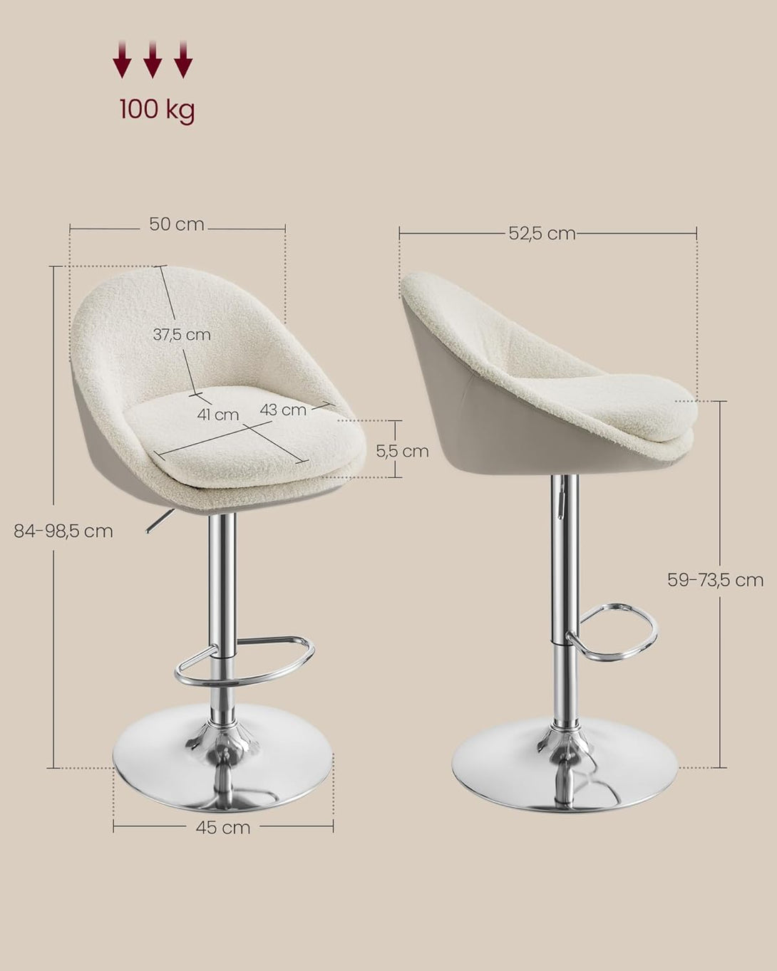 Scaunde de bar , set 2 buc , pivotant 360 grade , reglabil , crem-alb-argintiu-gri