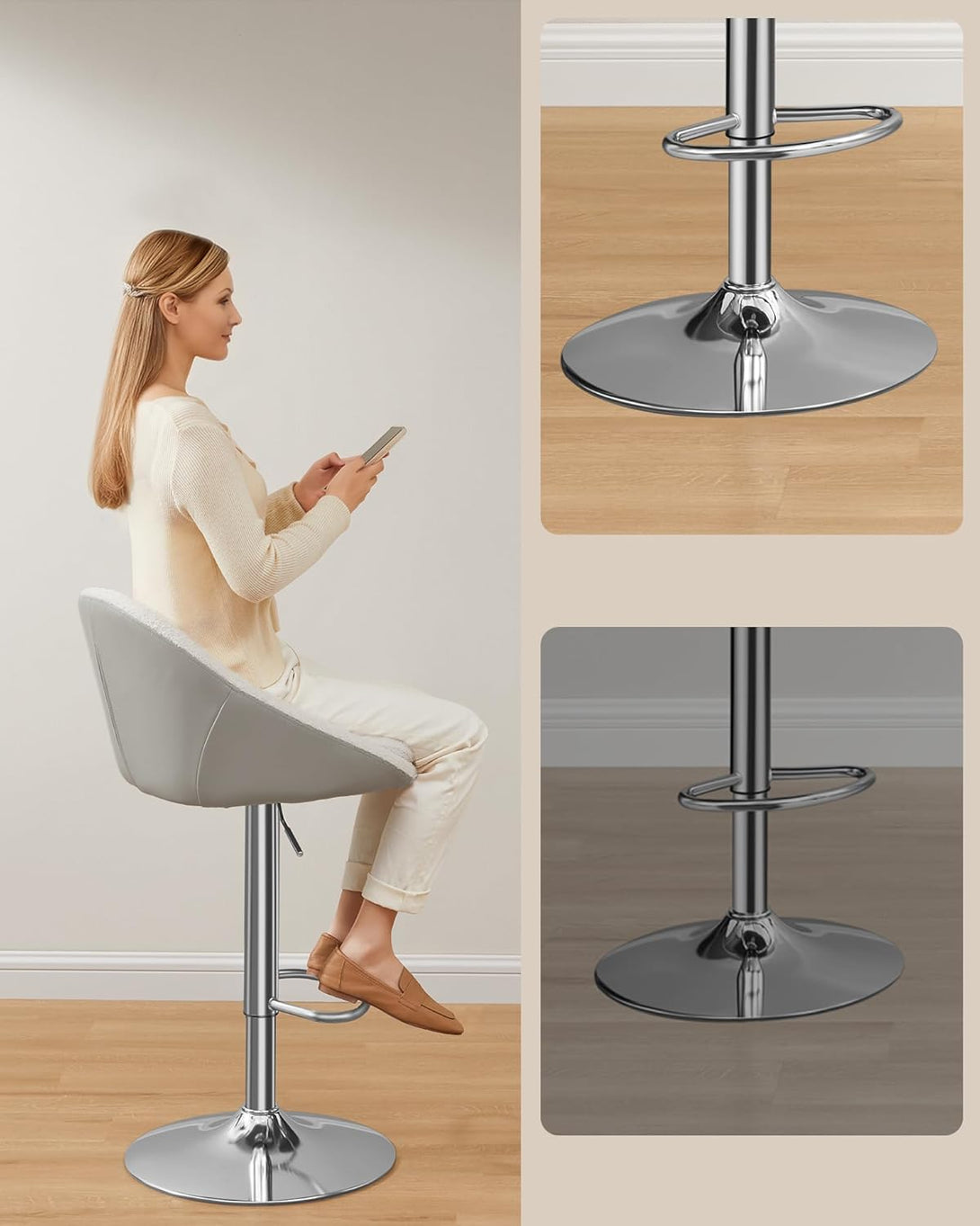 Scaunde de bar , set 2 buc , pivotant 360 grade , reglabil , crem-alb-argintiu-gri