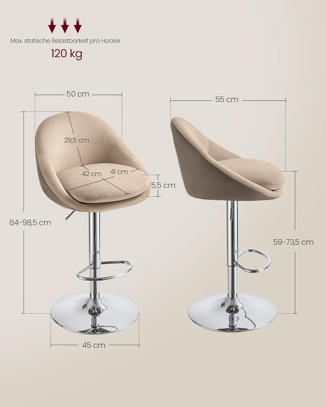 Scaune de bar , set 2 bucati , pivotant 360 °, reglabil , camel-maro-argintiu-gri