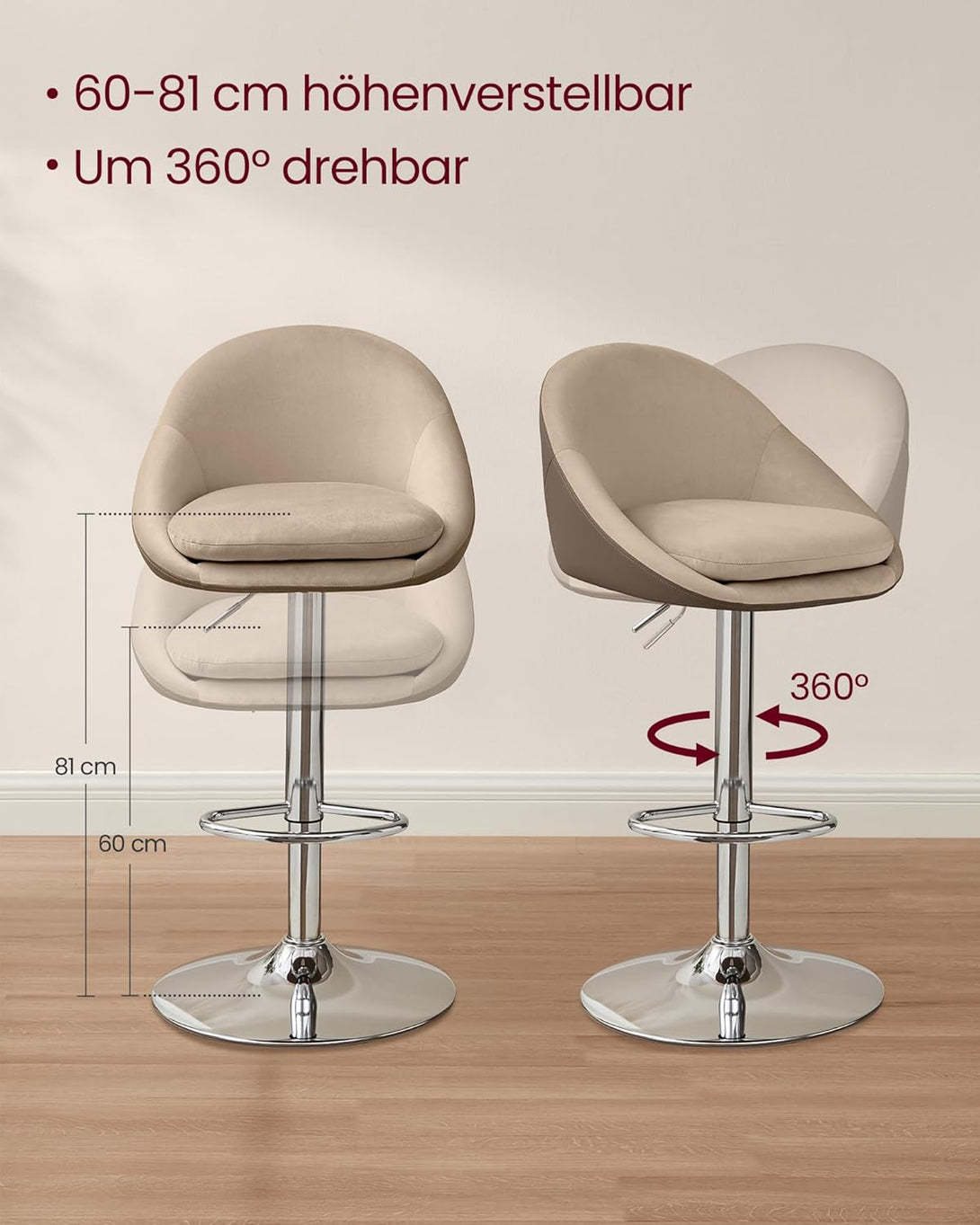 Scaune de bar , set 2 bucati , pivotant 360 °, reglabil , camel-maro-argintiu-gri