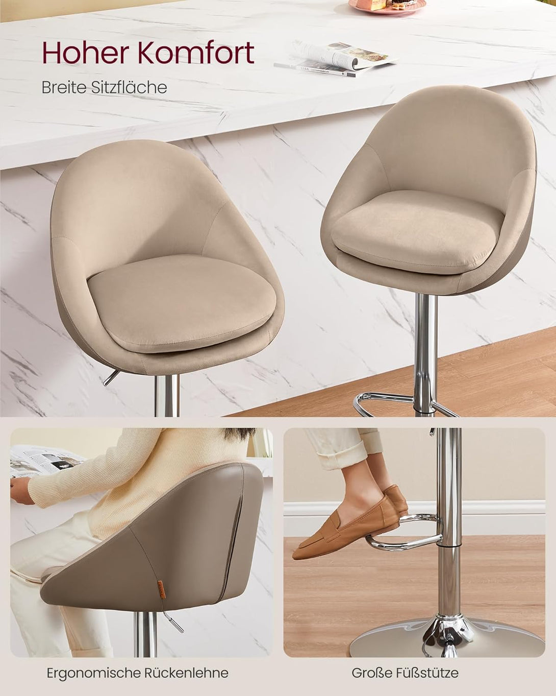 Scaune de bar , set 2 bucati , pivotant 360 °, reglabil , camel-maro-argintiu-gri