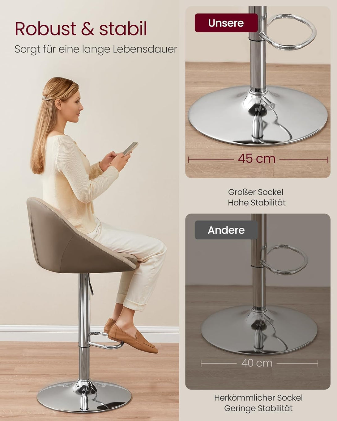 Scaune de bar , set 2 bucati , pivotant 360 °, reglabil , camel-maro-argintiu-gri