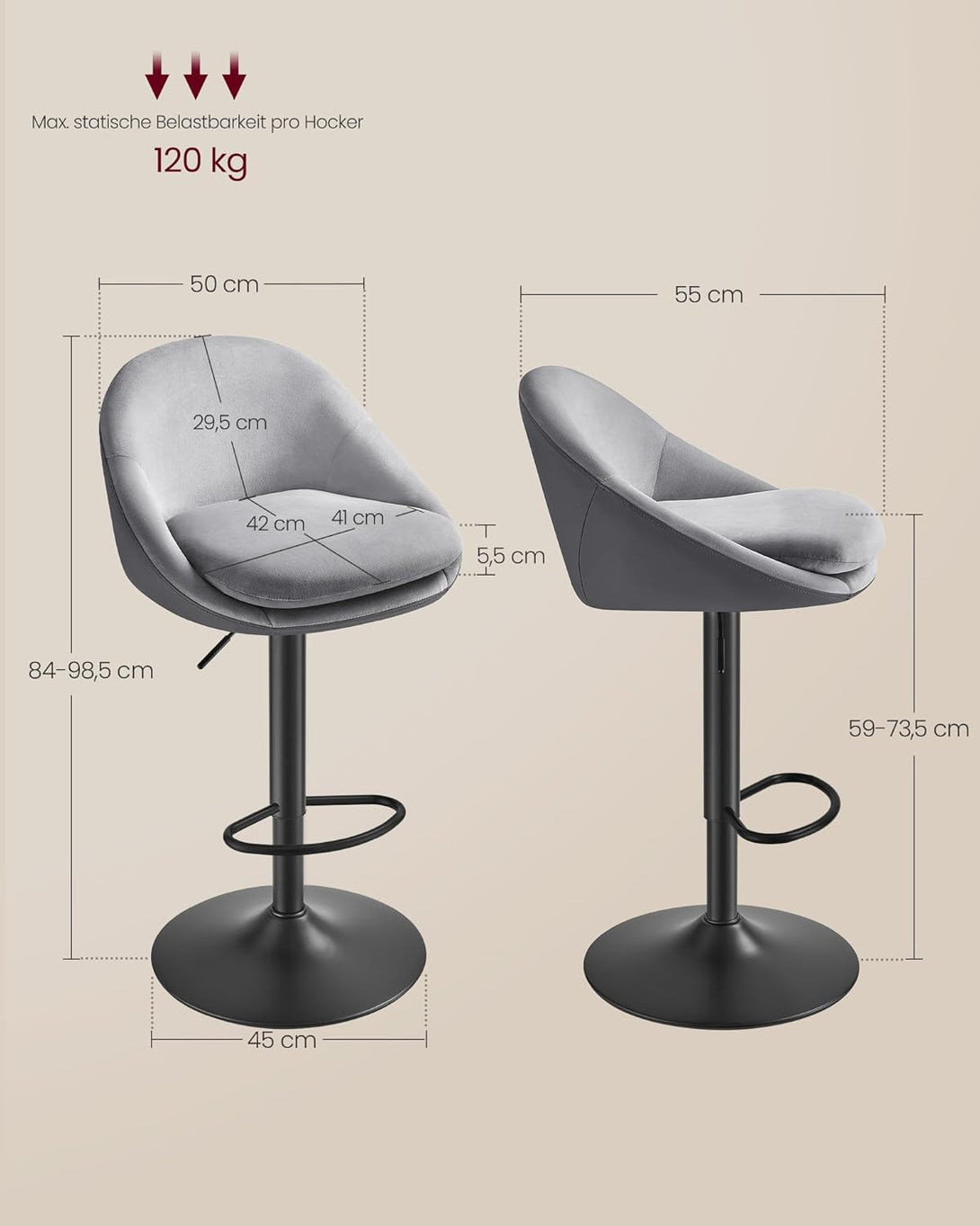 Scaune de bar , set de 2 bucatu , pivotant , reglabil pe inaltime gri-negru