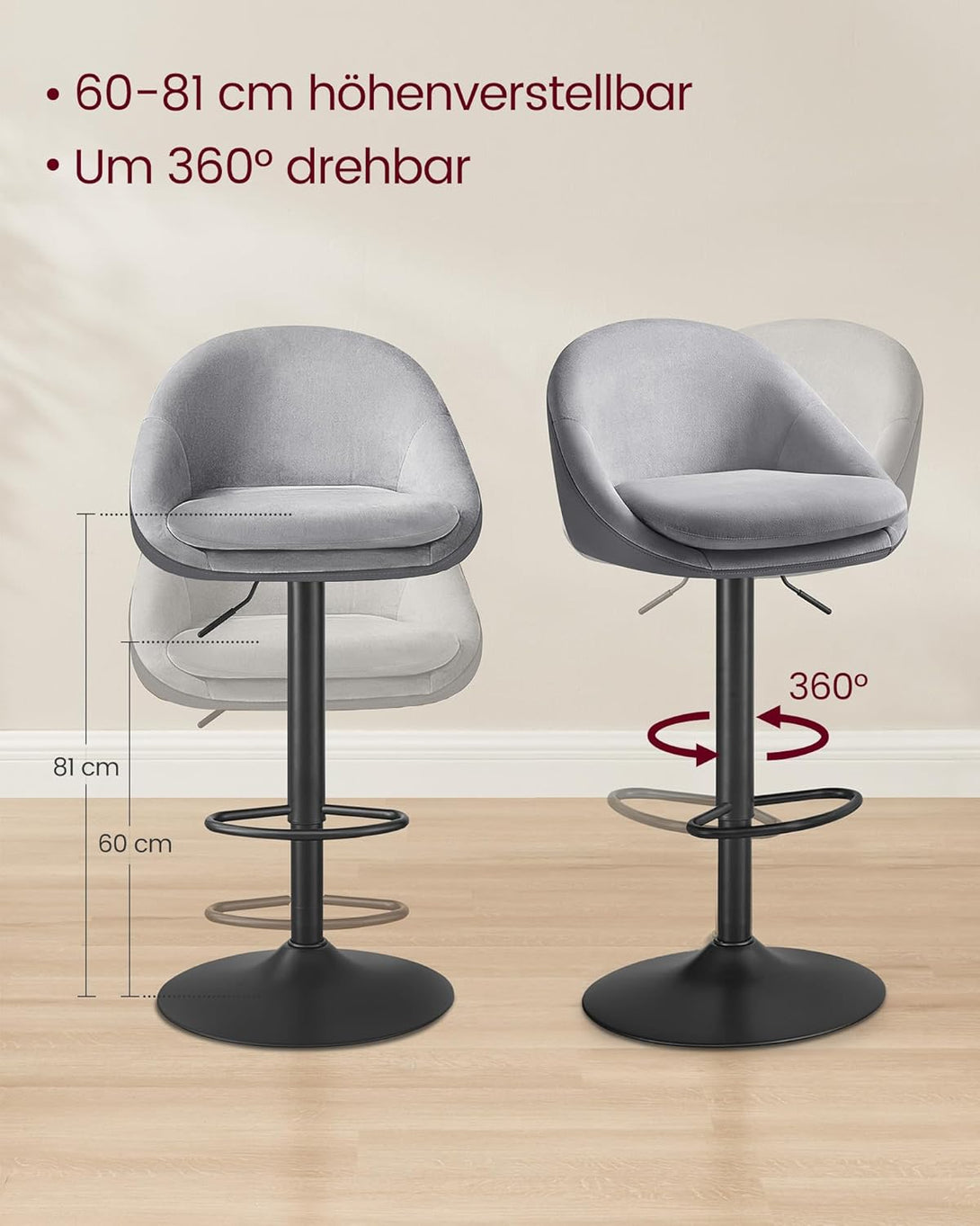 Scaune de bar , set de 2 bucatu , pivotant , reglabil pe inaltime gri-negru