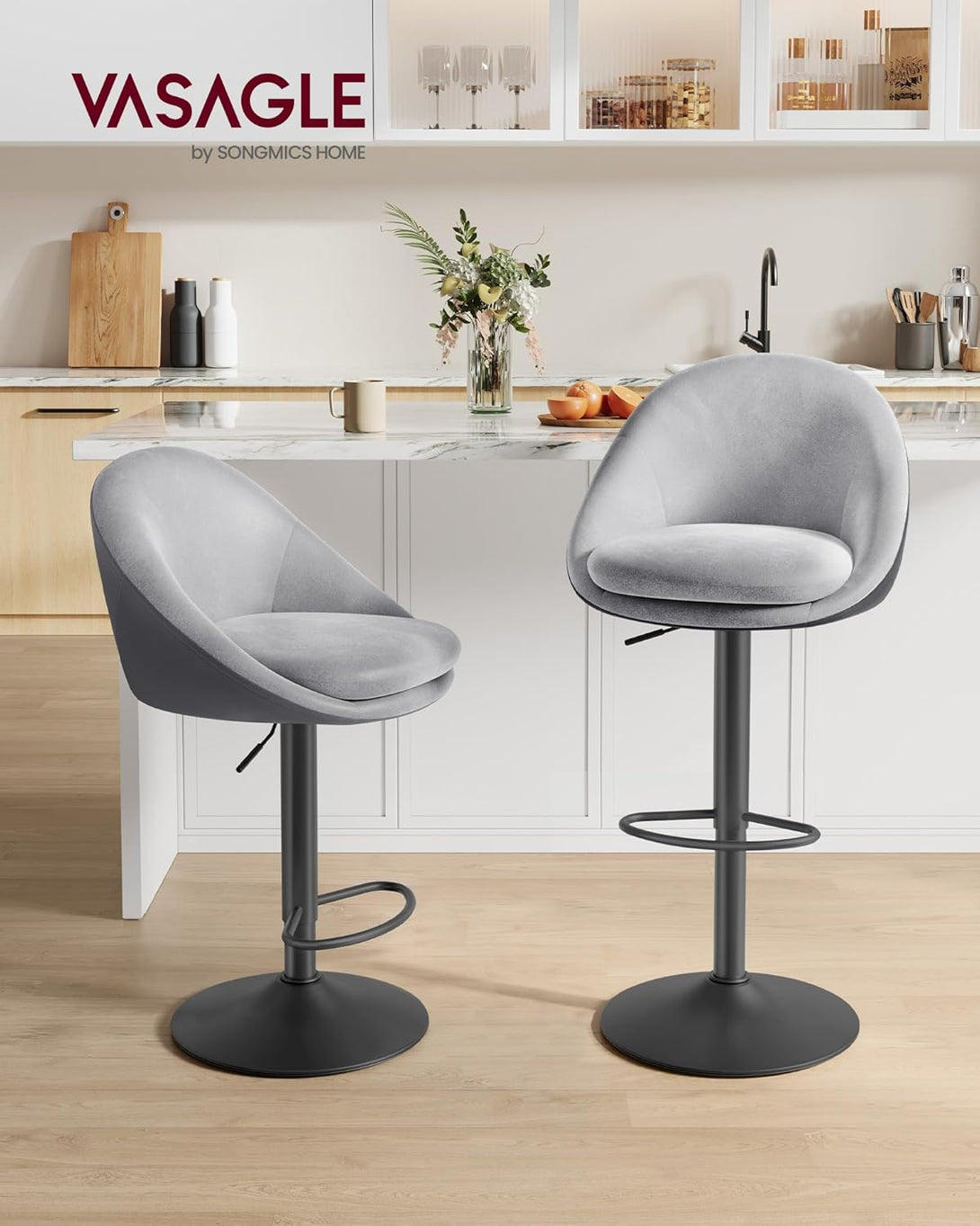 Scaune de bar , set de 2 bucatu , pivotant , reglabil pe inaltime gri-negru