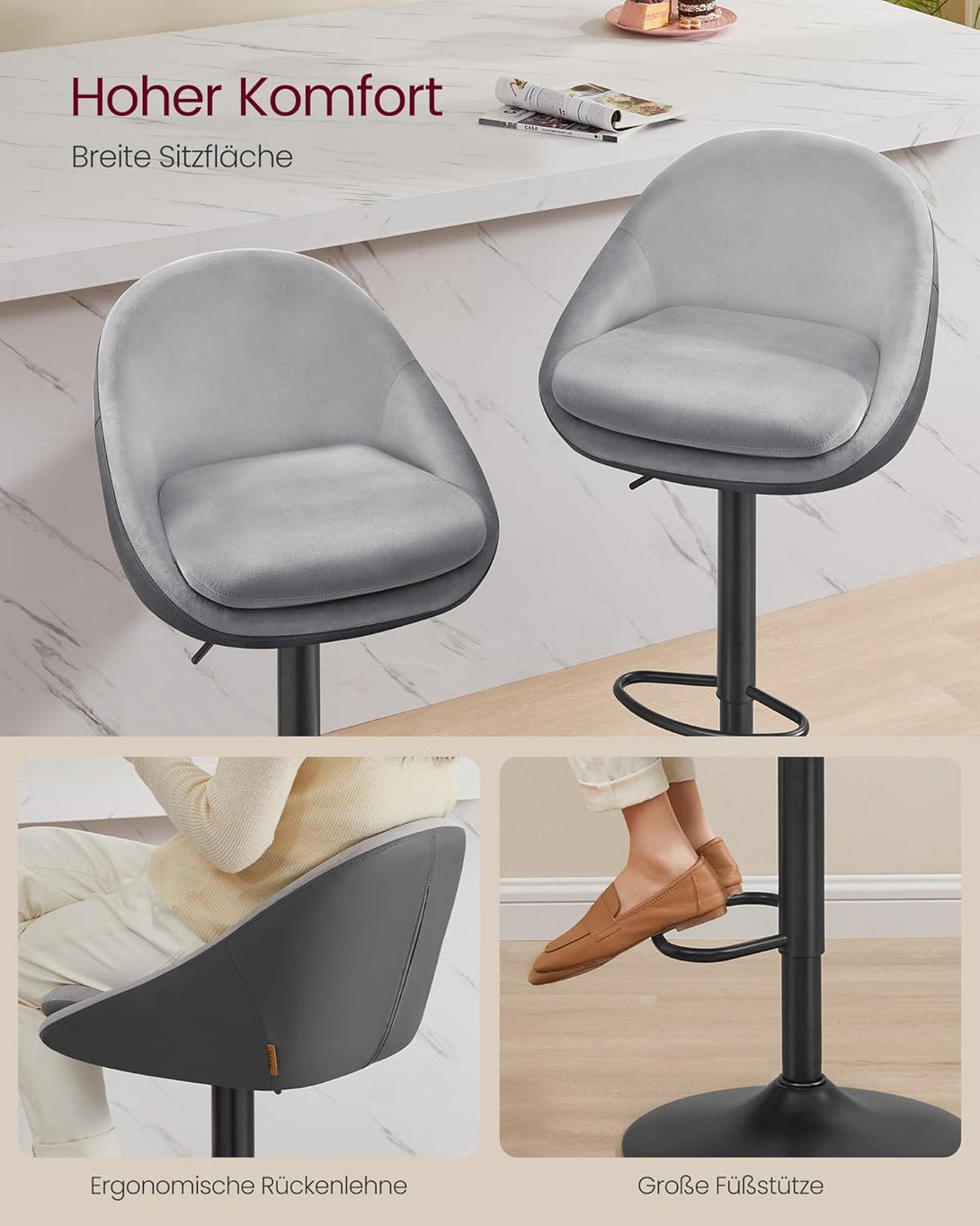 Scaune de bar , set de 2 bucatu , pivotant , reglabil pe inaltime gri-negru