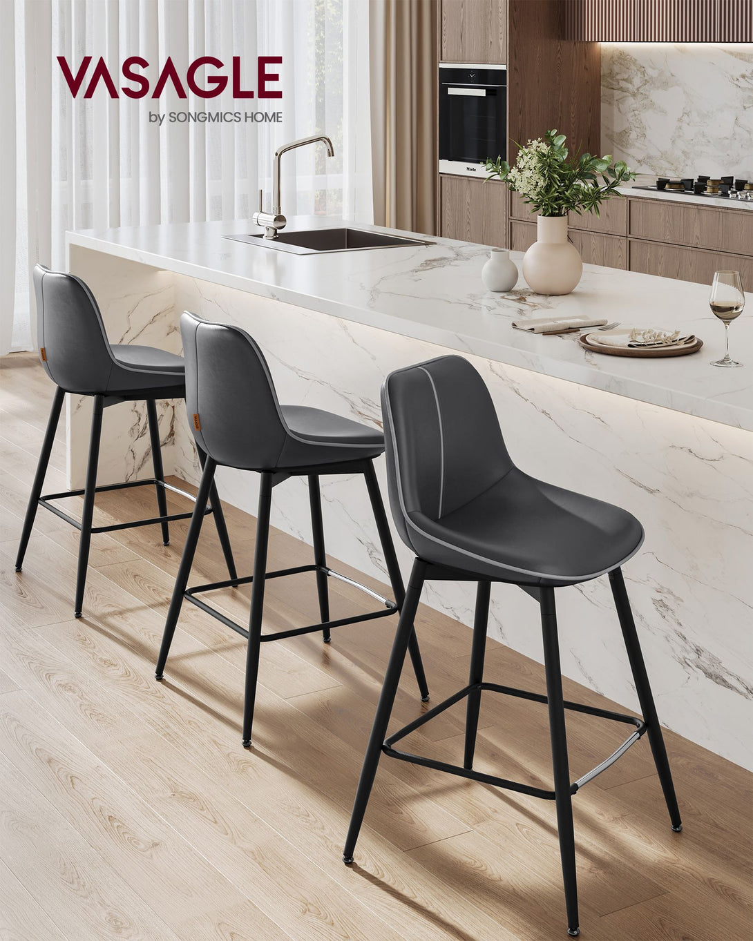 Scaune de bar set de 2 cu spatar ergonomic, inaltime scaun 62 cm, negru