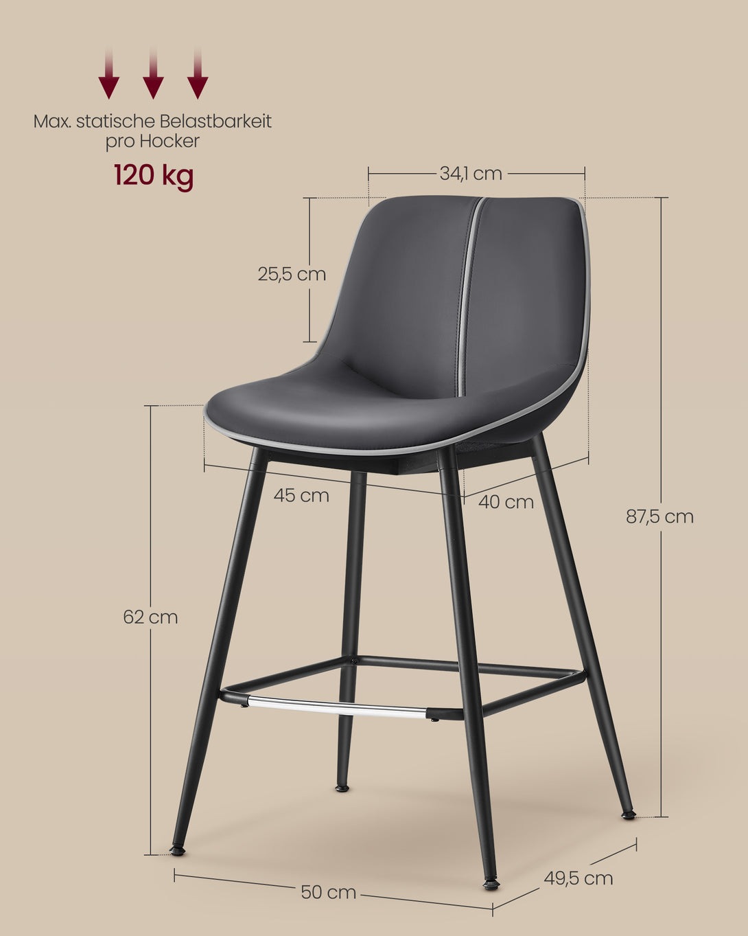 Scaune de bar set de 2 cu spatar ergonomic, inaltime scaun 62 cm, negru