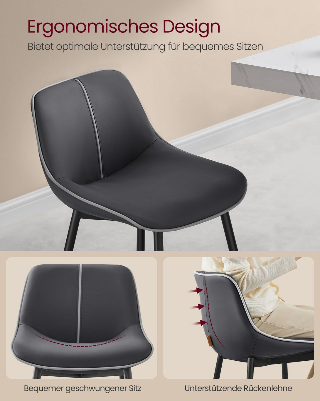 Scaune de bar set de 2 cu spatar ergonomic, inaltime scaun 62 cm, negru