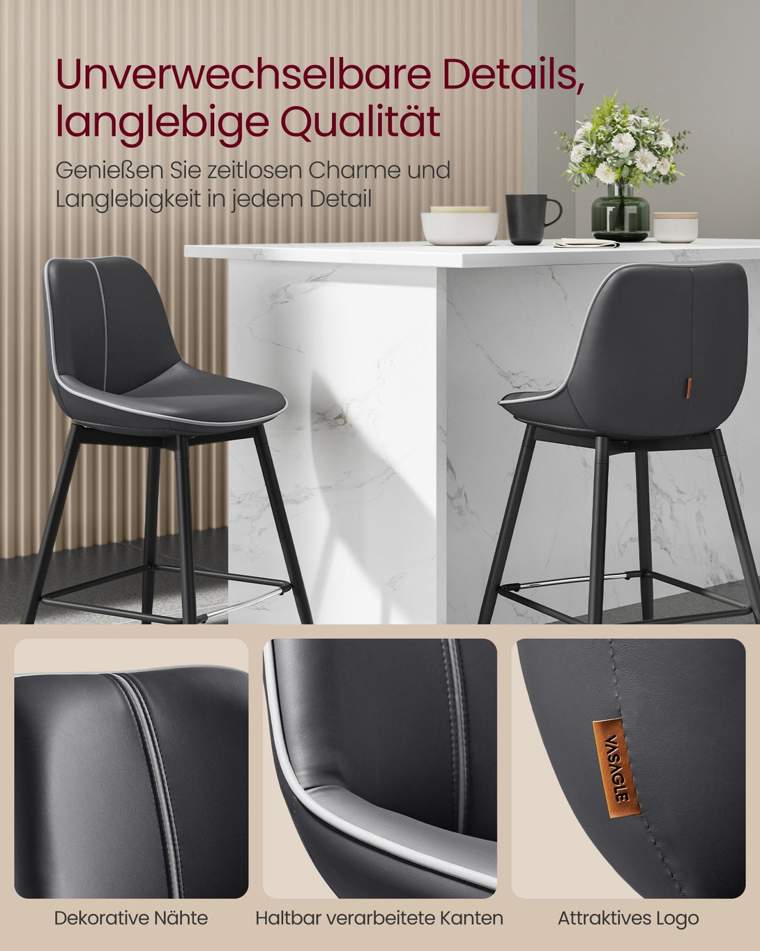 Scaune de bar set de 2 cu spatar ergonomic, inaltime scaun 62 cm, negru