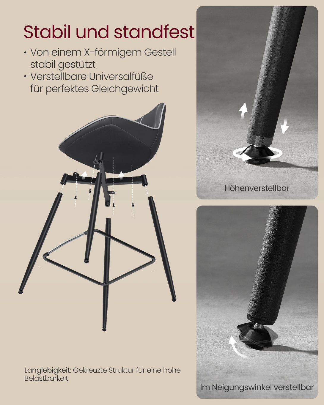 Scaune de bar set de 2 cu spatar ergonomic, inaltime scaun 62 cm, negru