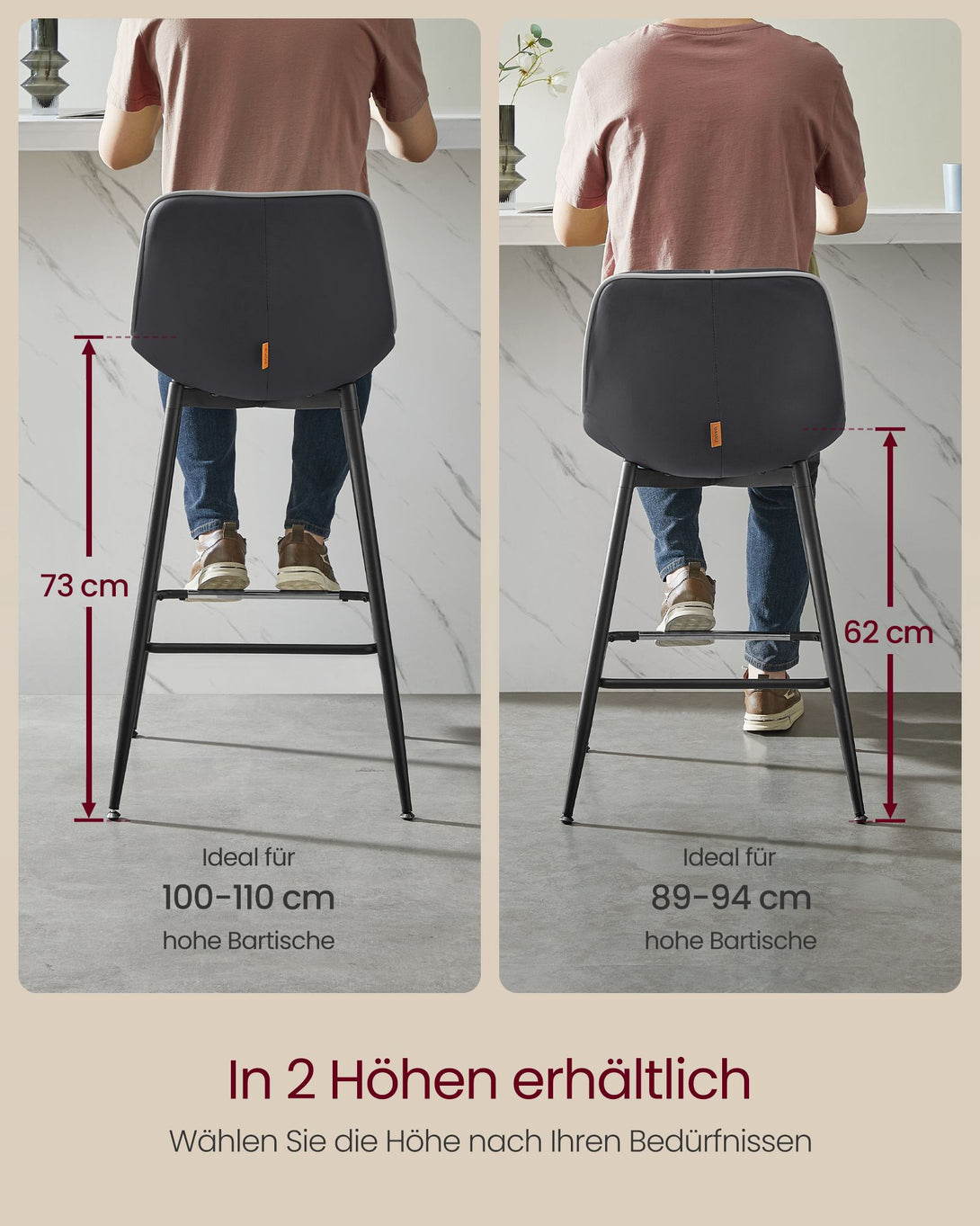Scaune de bar set de 2 cu spatar ergonomic, inaltime scaun 62 cm, negru