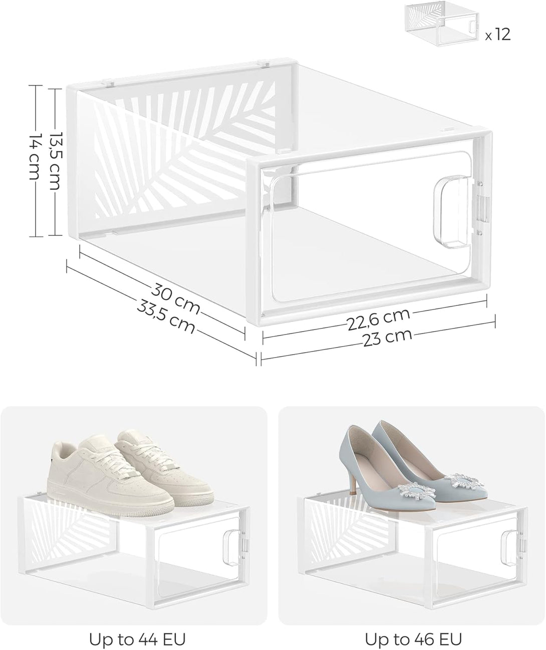 Set 12 cutii de depozitare pantofi transparente, stivuibile, albe