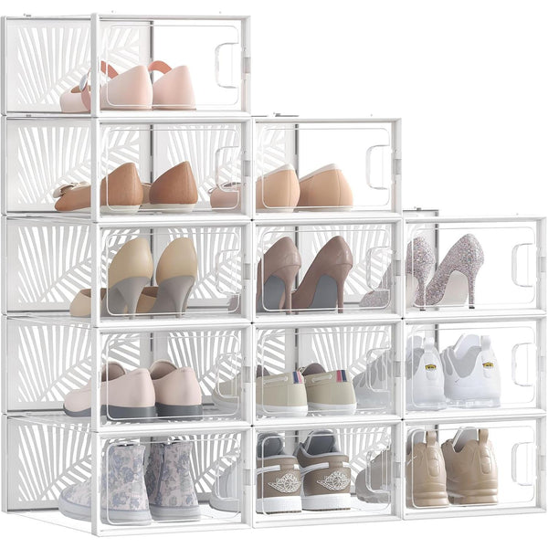 Set 12 cutii de depozitare pantofi transparente, stivuibile, albe