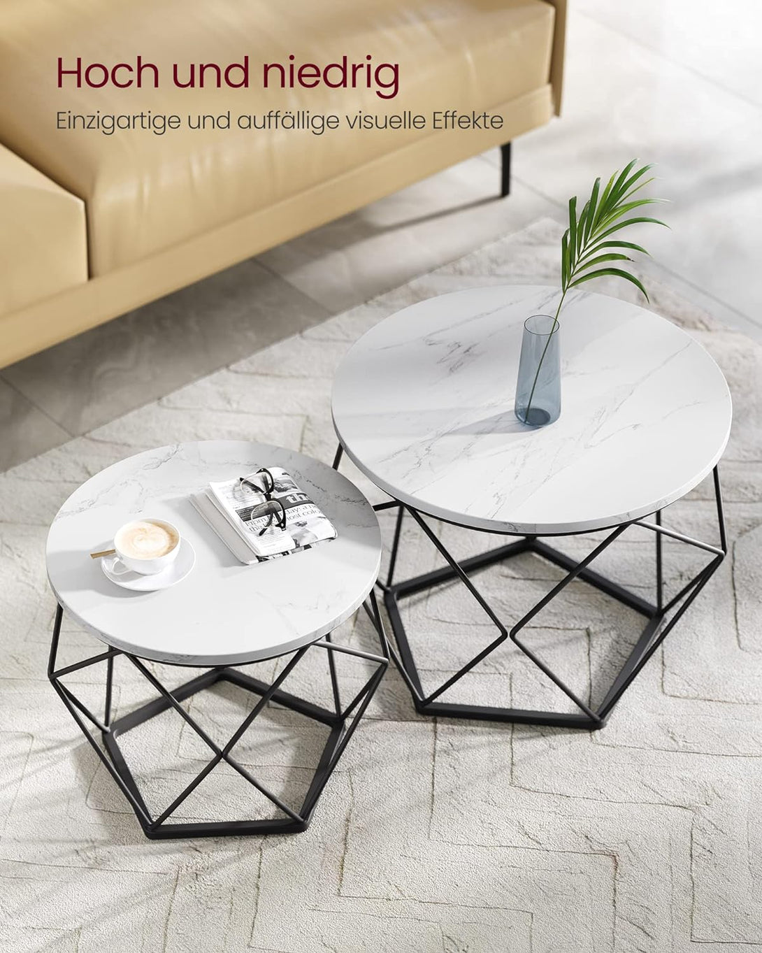 Set 2 măsuţe de cafea rotunde , alb-negru | Vasagle