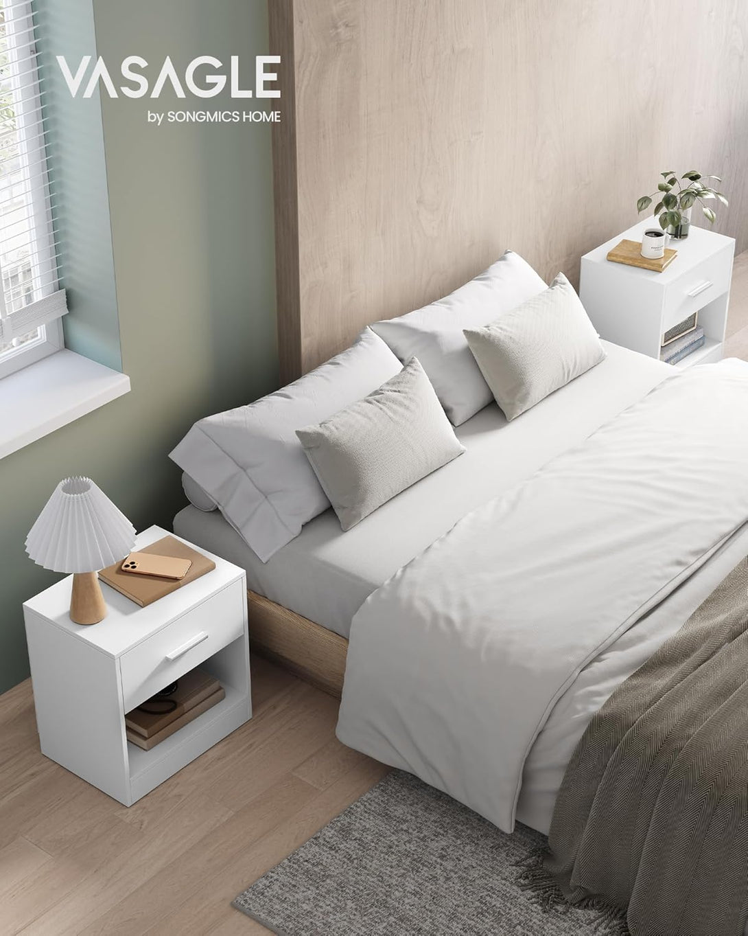 Set de 2 noptiere , cu sertar , masuta de cafea , alb