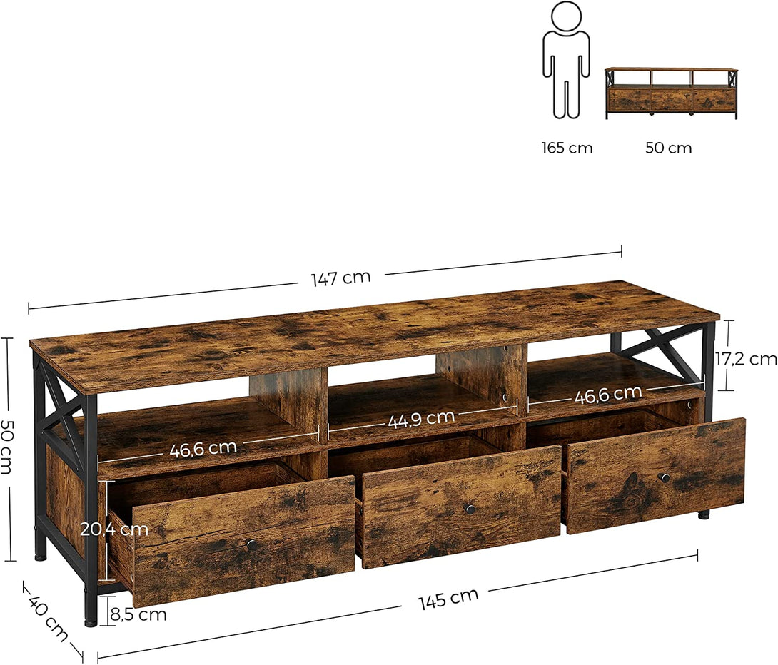 Suport TV cu 3 sertare și rafturi depozitare, 147 x 50 x 40 cm, rustic