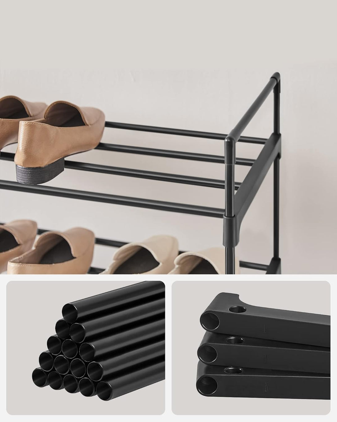 Suport de depozitare pantofi pe 4 niveluri, suport metalic pentru pantofi pentru 20 perechi de pantofi, 92x30x73 cm, negru