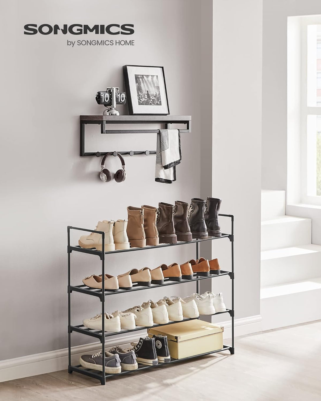 Suport de depozitare pantofi pe 4 niveluri, suport metalic pentru pantofi pentru 20 perechi de pantofi, 92x30x73 cm, negru
