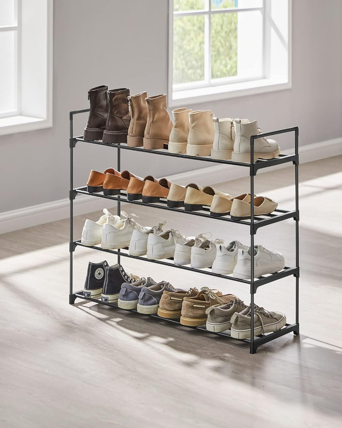 Suport de depozitare pantofi pe 4 niveluri, suport metalic pentru pantofi pentru 20 perechi de pantofi, 92x30x73 cm, negru