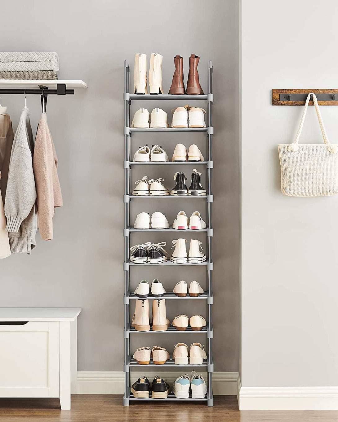Suport pantofi cu 10 rafturi, 45 x 30 x 174 cm, gri