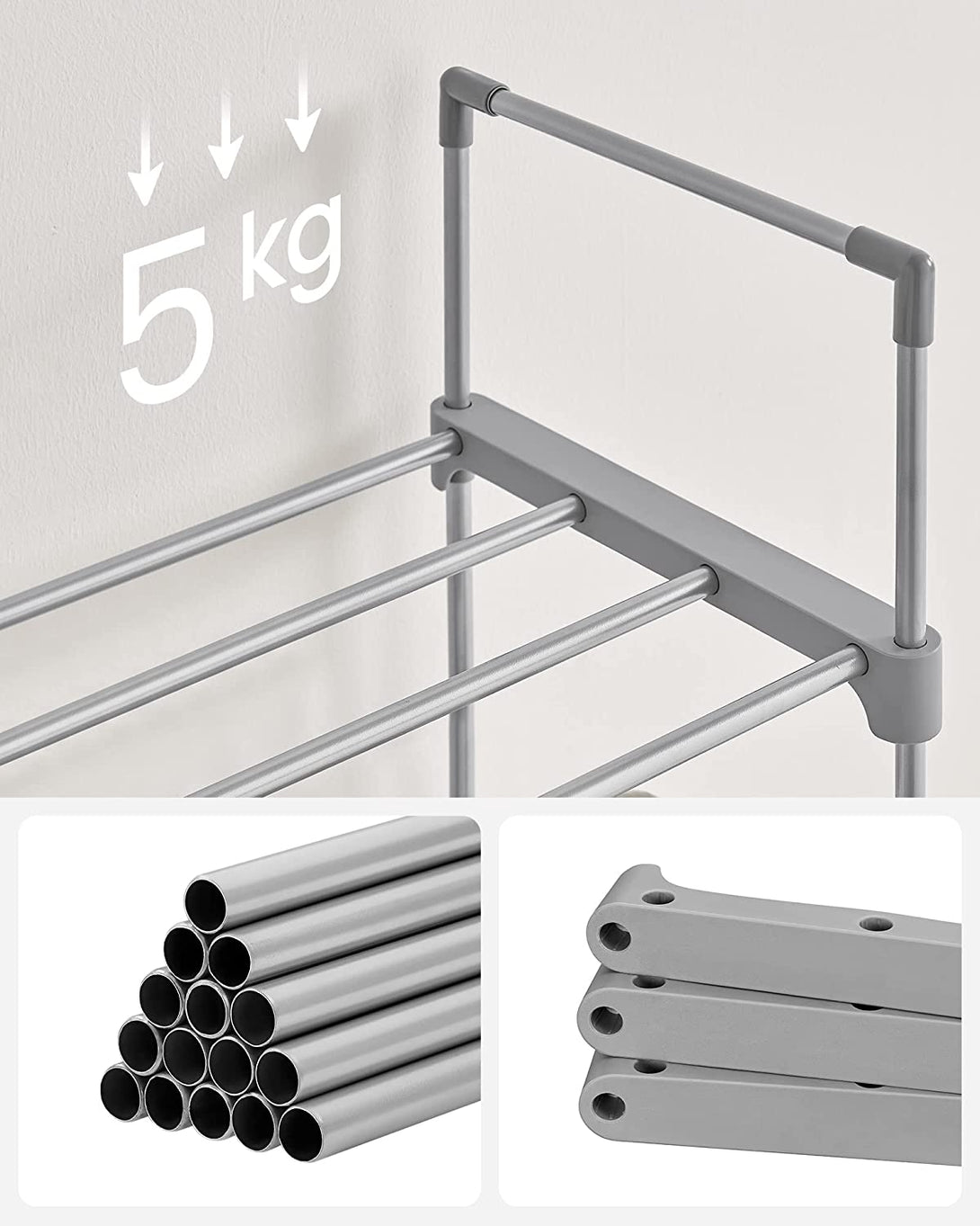 Suport pantofi cu 10 rafturi, 45 x 30 x 174 cm, gri