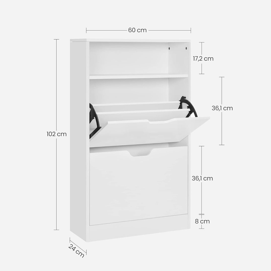 Suport pantofi cu 2 compartimente deschise, depozitare deschisă, 24 x 60 x 102 cm, alb