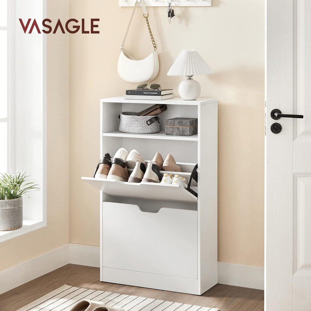 Suport pantofi cu 2 compartimente deschise, depozitare deschisă, 24 x 60 x 102 cm, alb